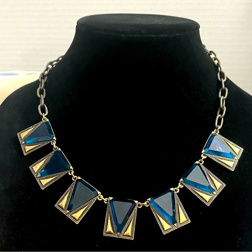 J. Crew Teal Faux Jeweled on Antique Gold-Tone Chain Choker Necklace Adjustable